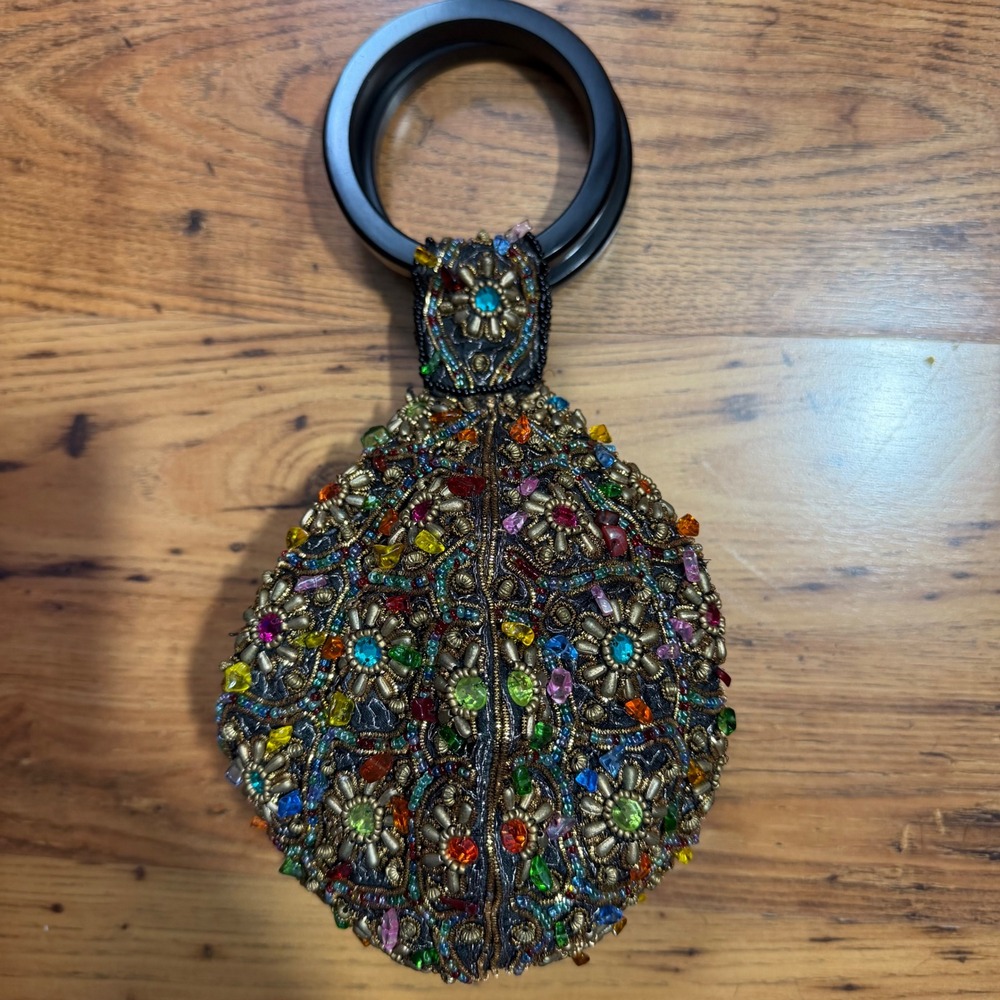 Bamboo Trading Company Beaded Ring Handle Evening Bag Multicolor Floral Mosaic